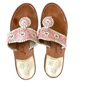 Jack Rogers Pink Eyelet Jacks Flat Sandal Leather Whipstitch Thong Size 7.5